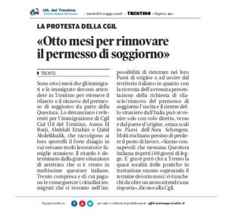 Otto mesi per rinnovare il permesso di soggiorno» uiltn Documento di soggiorno in trattazione
