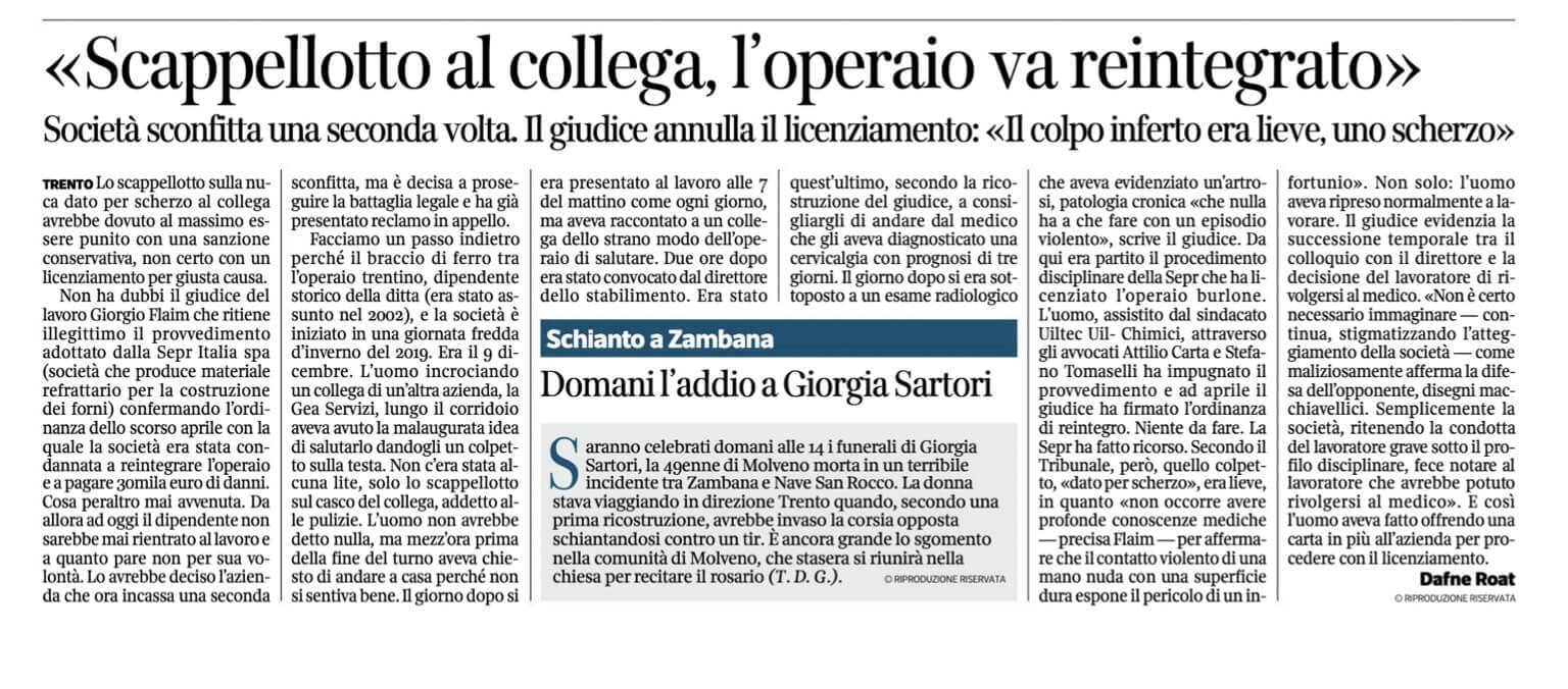 «Scappellotto al collega, l’operaio va reintegrato» Società sconfitta